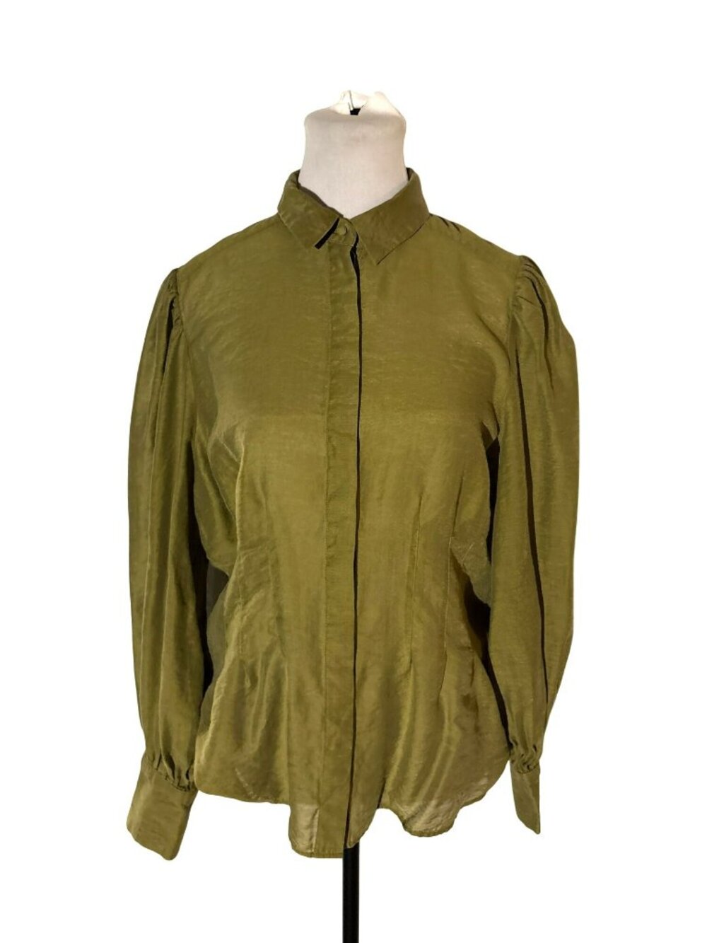 Max Olive Green Button-Up Lyocell Nylon & Linen Puff Sleeves Blouse Size 12